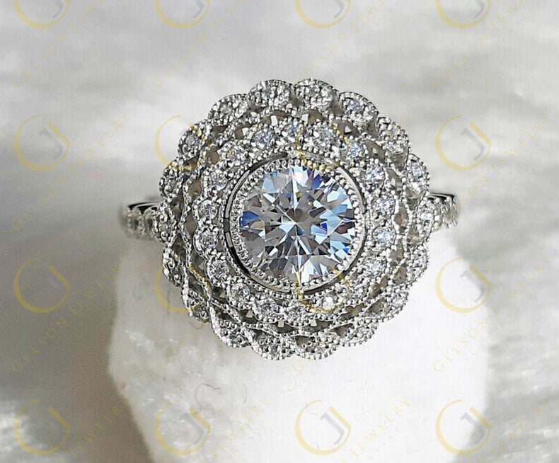 Moissanite Edwardian Ring, Big Cocktail Ring, Vintage Filigree Ring, Art Deco Engagement Ring, White Gold Vintage Ring, Unique Rings Women