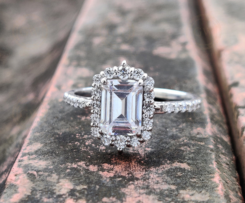 Moissanite Vintage Halo Engagement Ring, Emerald Cut Wedding ring, Sterling Silver, Ring for women, Classic Moissanite ring