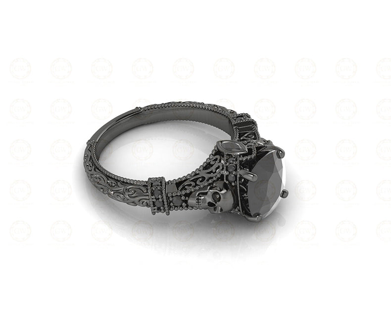 2.30 Ct Unique Black Skull Cushion Cut Floral Vintage Bridal Engagement Ring, Sterling Silver, Women Gothic Ring, Floral Nature Inspired