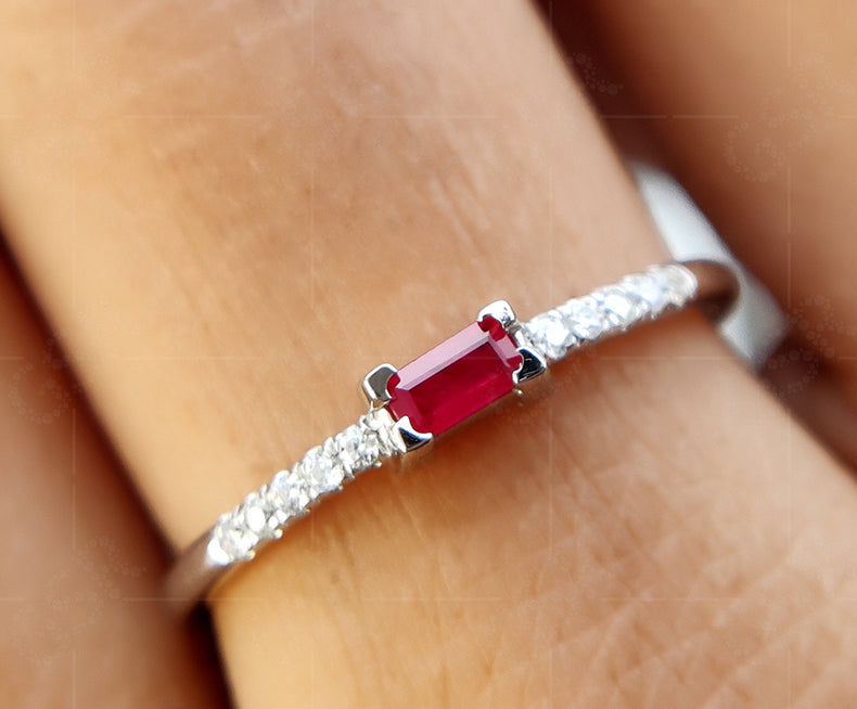 Elegant Horizontal Baguette Ruby Ring - Stylish Sideways Baguette Design - Dainty July Birthstone Beauty - Perfect Ruby Stacking Ring for Minimalist Stackable Rings Women