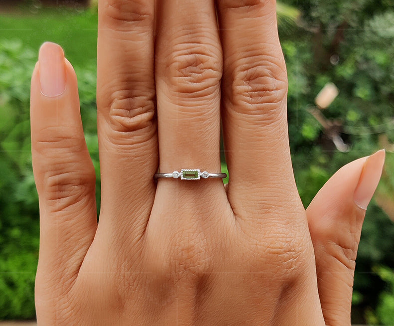 Peridot Perfection: Dainty Silver and Gold August Birthstone Ring Stack - Stacking Peridot Minimalist Ring, Thin Baguette Stackable Ring, Ring For Mom