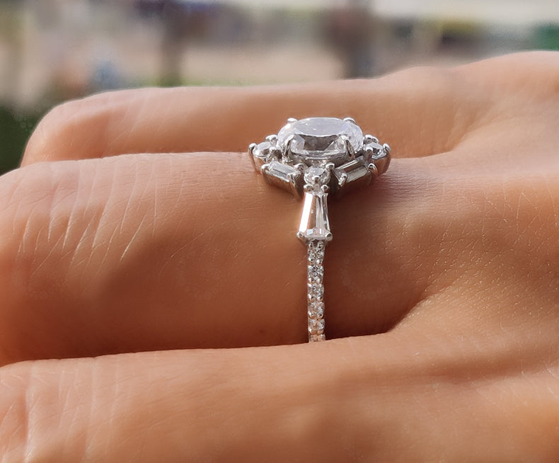 Elegant Oval Solitaire Halo Engagement Ring - Silver and Gold Minimalist Beauty with Colorless Moissanite - Dainty Wedding Ring