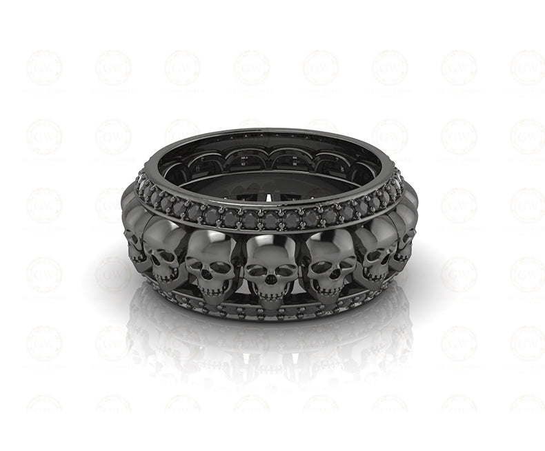 9 mm Wide Unique Gothic Skull Wedding Band, Black Moissanite Diamond Band, Black Silver Anniversary Ring, Full Eternity Band For Men & Women