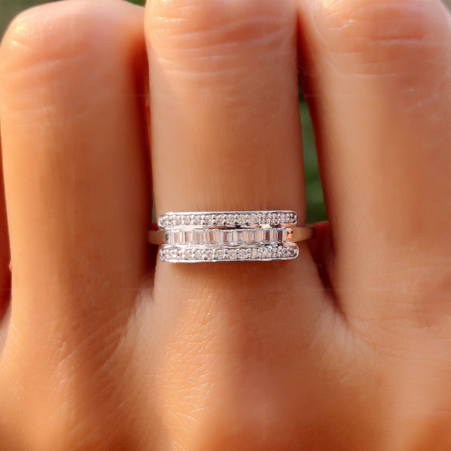 Timeless Sparkle: Moissanite Baguette and Round Cut Wedding Band for Anniversaries, a Minimalist Delight in Silver and Gold