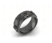 8 mm Wide Unique Cross Men's Gothic Skull Wedding Band, Punk Style Biker Ring, Black CZ Sterling silver, Anniversary Ring, Eternity Band