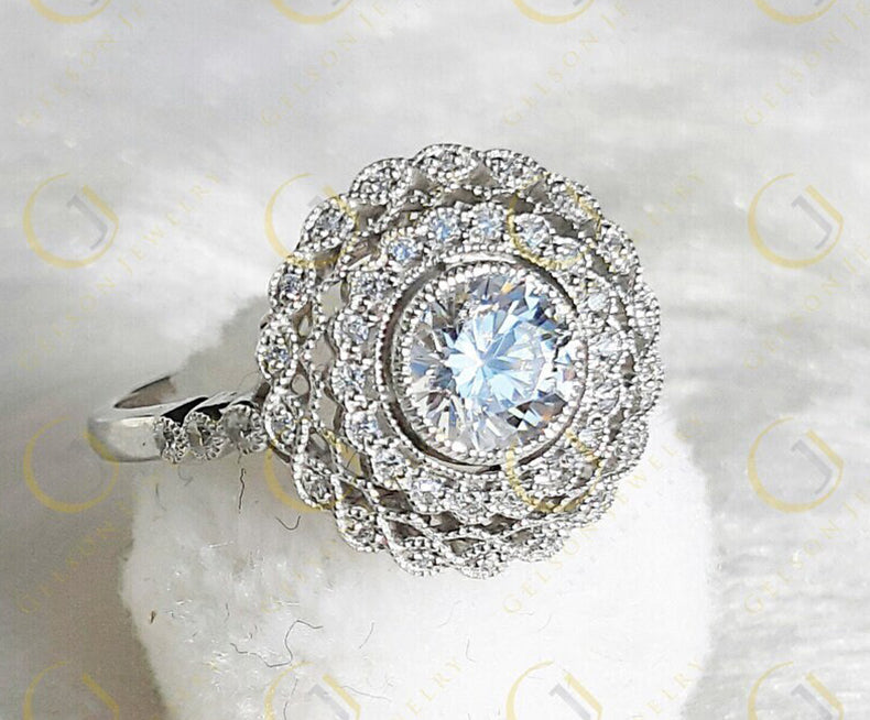 Moissanite Edwardian Ring, Big Cocktail Ring, Vintage Filigree Ring, Art Deco Engagement Ring, White Gold Vintage Ring, Unique Rings Women