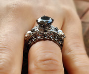 2.15 Ct Unique Gothic Skull Round Floral Vintage Bridal Engagement Ring Set, Black Man Made Diamond, Sterling silver, Matching Wedding Band