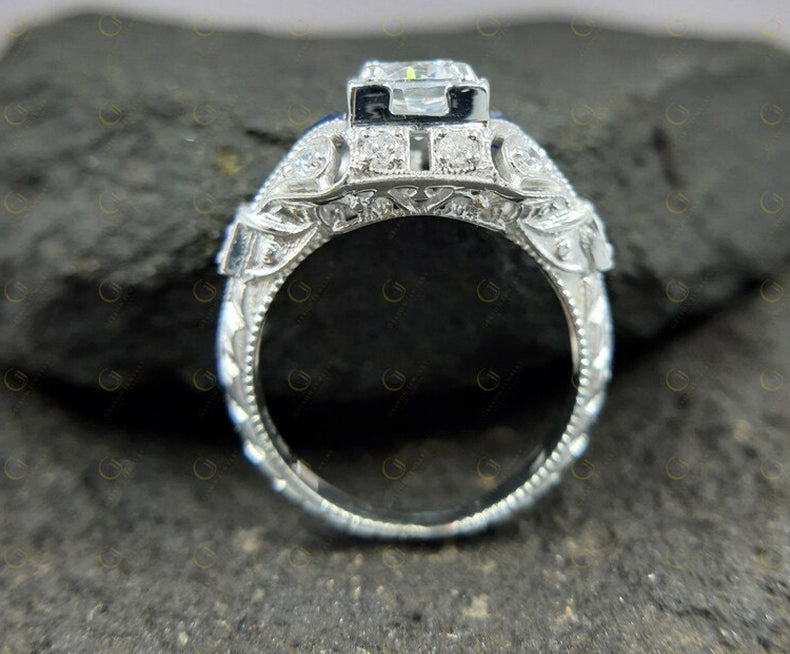 Antique Edwardian Ring, Vintage Moissanite Engagement Ring, Unique Art Deco Ring, Estate Jewelry Rings For Women, Engraved Filigree Ring