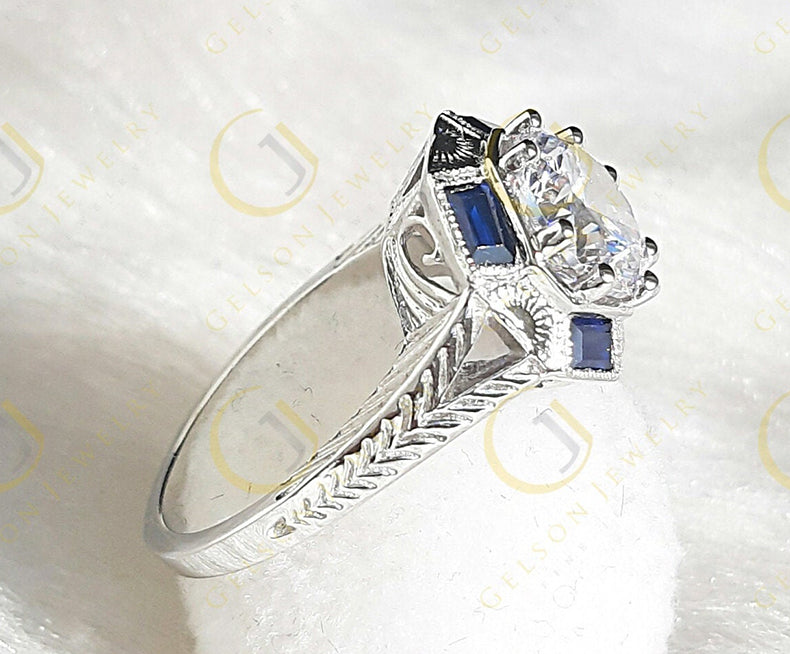 Vintage Engagement Ring, Round Moissanite Ring, Art deco Antique Style ring, Wedding Ring, Promise Ring for Her, Sapphire Baguette Ring