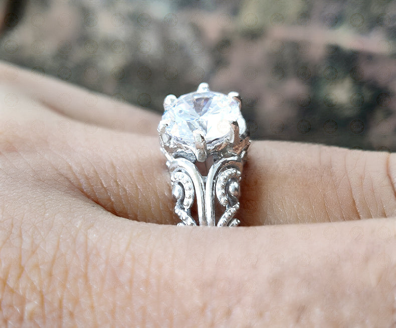 Solitaire Crown Gothic Skull Engagement Ring, Moissanite Ring, Sterling Silver, Nature Inspired, Two skull Gothic Vintage wedding ring