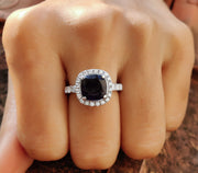 Blue Sapphire Cushion Shape Halo Engagement Ring For Women in 925 Sterling Silver