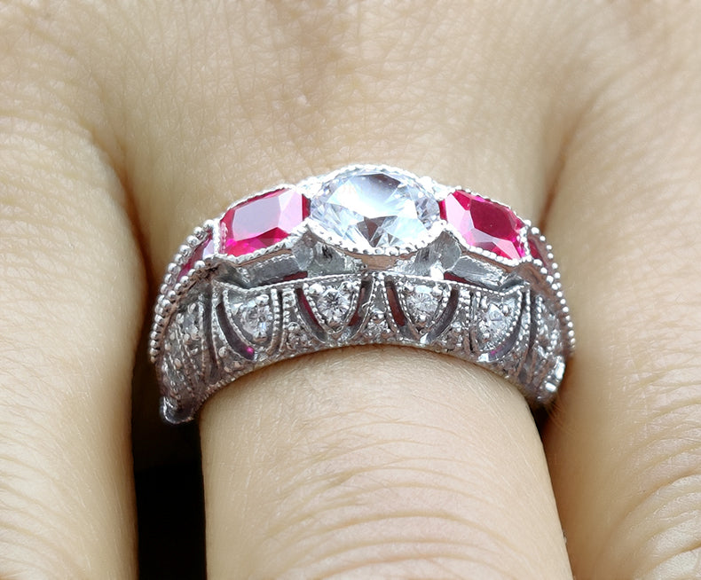 2.30 Ct Antique Ruby Engagement Ring, vintage moissanite ring, Sterling Silver, estate ruby ring, Ruby art deco ring, Rings for women