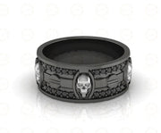 8 mm Wide Unique Design Bridal Gothic Skull Wedding Ring, Punk Style Biker Ring, Black CZ Sterling silver, Anniversary Ring, Eternity Band