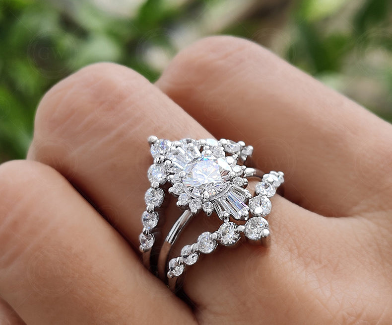 Sunburst Ring Enhancer Set, Unique Moissanite Engagement Ring With Enhancer, Wedding Ring Set For Women, Ring Jacket, Ring Guard Bridal Sets