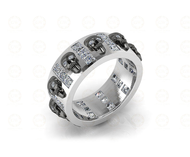 8 mm Wide Unique Gothic Skull Wedding Band, Full Eternity Ring, Simulated Diamond, Sterling silver, Anniversary Ring, Band for Mens & Women