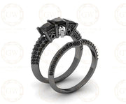 2.20 Ct Gothic Skull Bridal Wedding Ring Set, Unique Skull Princess Diamond Knife Edge 3 Stone Engagement ring set, Stacking Matching Band