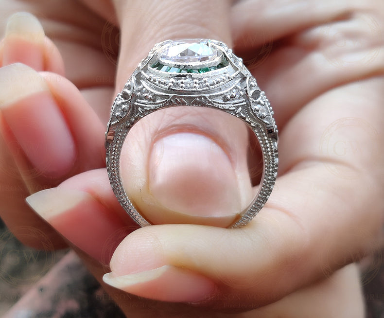 3.50 Ct Round Moissanite Art deco Vintage Engagement Ring, Sterling Silver Ring, Emerald Baguette Estate Jewelry, Antique Women Ring