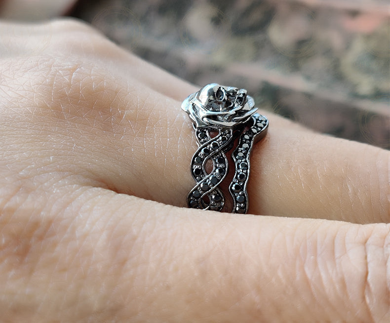 Gothic Skull Bridal Wedding Ring Sets, Moissanite Rose Floral Engagement Ring, Twisted Nature Inspired Set, Black Rhodium Plated Silver Ring