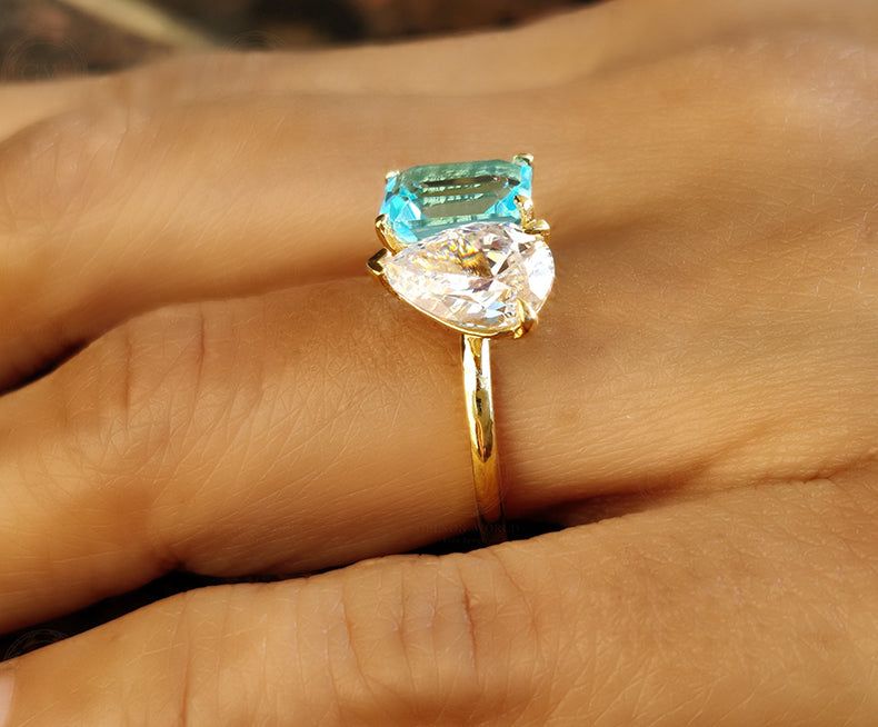 Toi Et Moi Gold Ring / Pear & Aquamarine Emerald Ring / Two Stone Ring / 2 Stone Aquamarine Engagement Ring / Women Wedding Ring