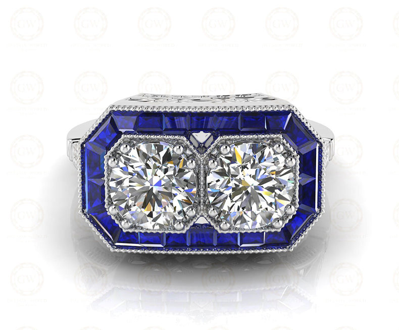 Toi et Moi Art Deco Halo Engagement Ring / CZ Blue Sapphire Baguette Estate Ring