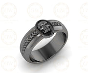 Unique Gothic Skull Bridal Men's Wedding Band, Anniversary Ring, Modern Design, Promise Band, Punk Signet Ring, Black Sterling Silver