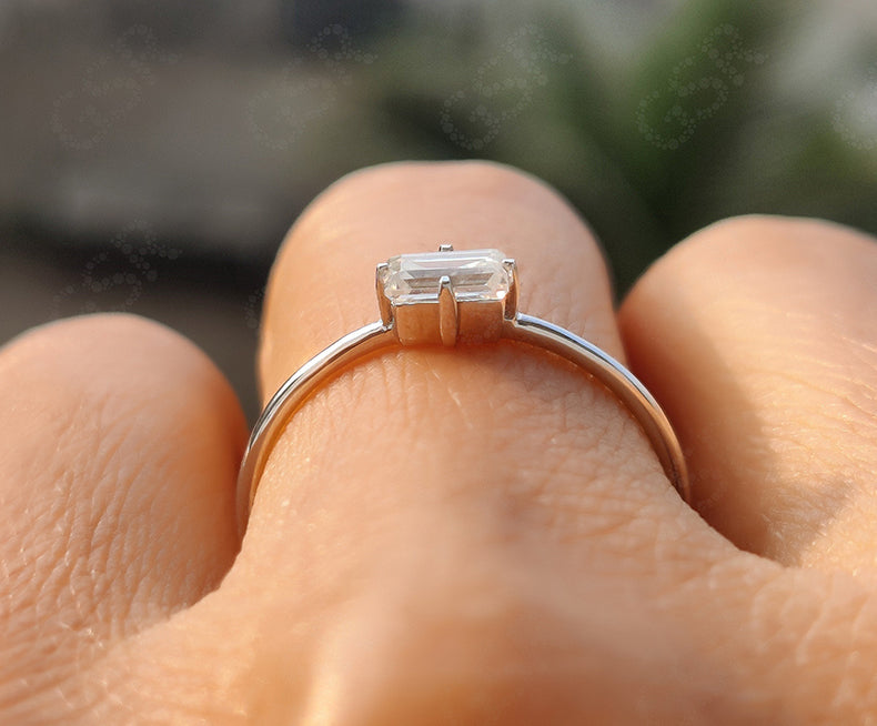 Timeless Elegance: Solitaire Baguette Moissanite Engagement Ring in Silver and Gold - Perfect for Simple Stacking and Dainty Minimalism