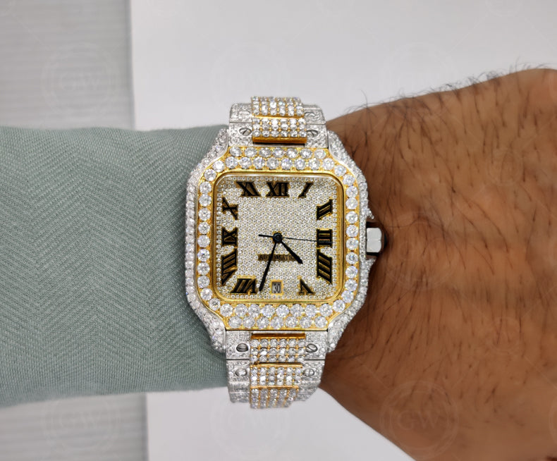 Buss Down VVS Moissanite Diamond Fully Automatic Luxury Watch iced out Hip Hop watches Two Tone (Yellow)