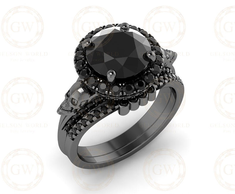 3.60 Ct Gothic Skull Bridal Wedding Ring Set, Large Round Black Diamond, Unique Women Engagement ring set, Stacking Matching Band for Her