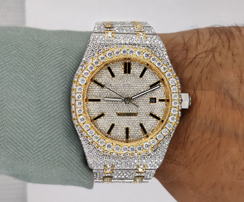 Moissanite Diamond iced out Luxury watches, Fully Automatic Hip Hop Buss Down Round Watch (Yellow)