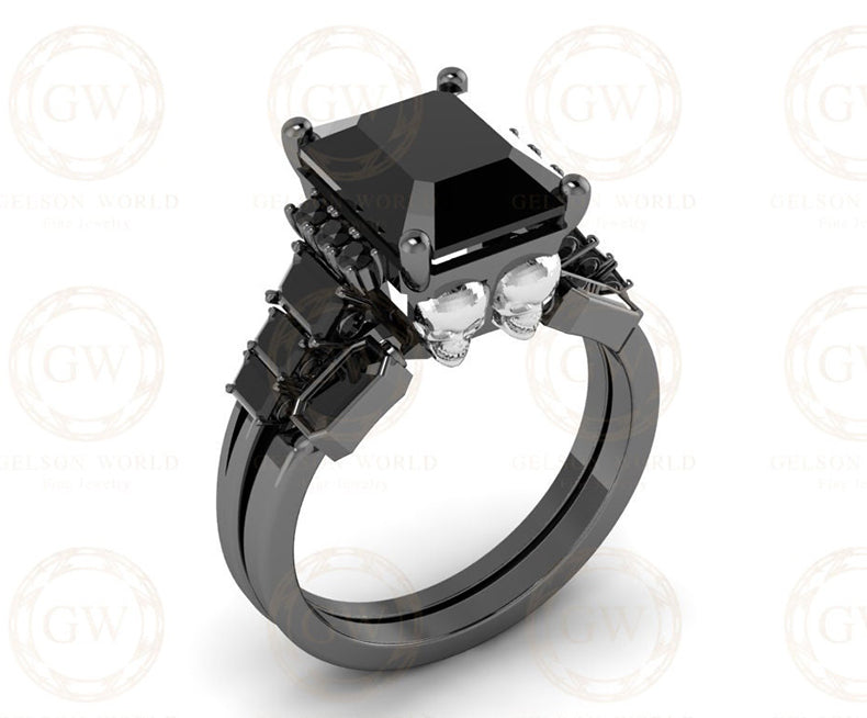 5.30 Ct Gothic Skull Bridal Wedding Ring Set, Emerald Cut Black CZ Diamond, Unique Skull Engagement ring set, Stacking Matching Band for Her