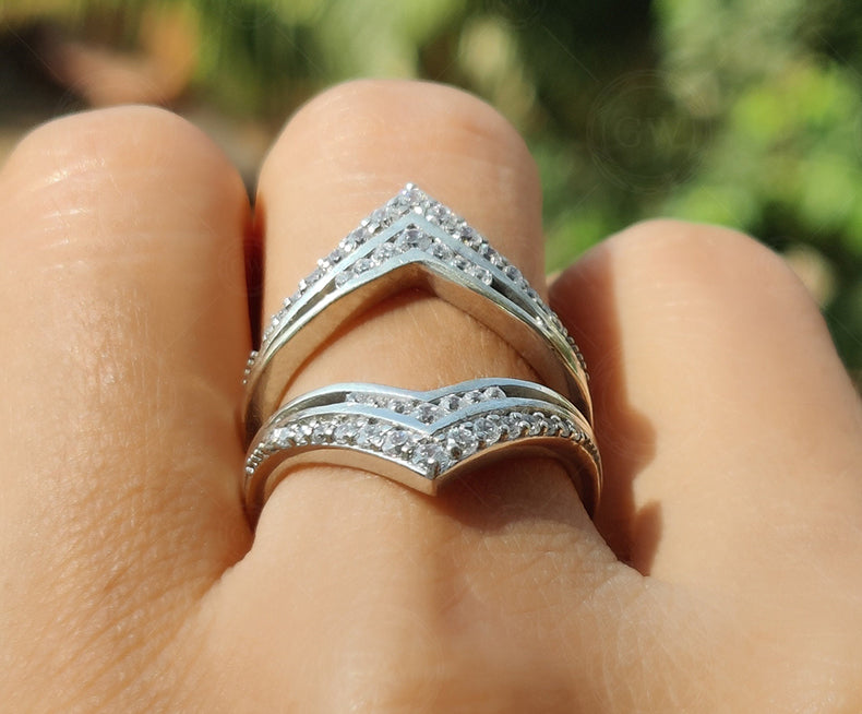 Two V Shaped Wedding Band Women, Ring Guard Enhancer, Gold Moissanite Ring Jacket, Double Chevron Band, Unique Ring Enhancers And Wraps