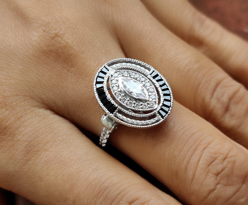 Antique Halo Engagement Rings, Estate Jewelry Rings, Marquise & Baguette Vintage Engagement Ring, Art Deco Engagement Ring, Sterling Silver