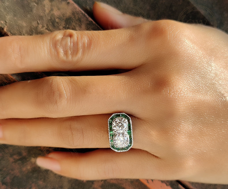 Toi et Moi Ring / Art deco Moissanite Engagement Ring / Estate Jewelry / Emerald Engagement Ring / Antique Rings / Vintage Engagement Ring