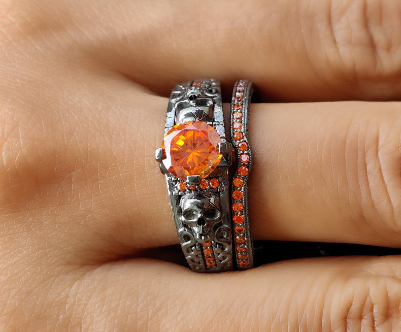 Unique Gothic Skull Bridal Wedding Ring Set, Fire Opal Birthstone Vintage Engagement ring set, Matching Band for her, Black Skull