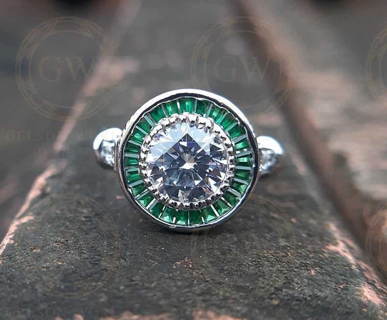 2.00 Ct Round Cut and Green Baguette Art Deco Engagement Ring, Emerald Gemstone Vintage Halo Ring for women, Anniversary Silver Estate Ring