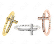 Sacred Beauty: Christian Cross Ring in Silver and Solid Gold, a Sideways Religious Ring with Cable Twists and Round Moissanite