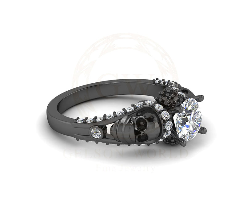 Unique Gothic Skull Engagement Ring, Two Skull Ring, Round Simulated Diamond, Black Skull Head With Mask, Women Skull Ring, Propose Ring