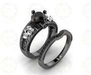 1.75 Ct Gothic Skull Bridal Wedding Ring Set, Round Black Diamond, Unique Skull Vintage Engagement ring set, Stacking Matching Band for Her