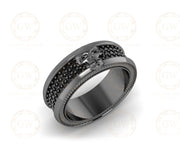 Gothic Skull Wedding Band Men, Pave Mens Moissanite Ring, Full Eternity Band, 3 Row Micro Pave Diamond Band, Wide Skull Anniversary Bands