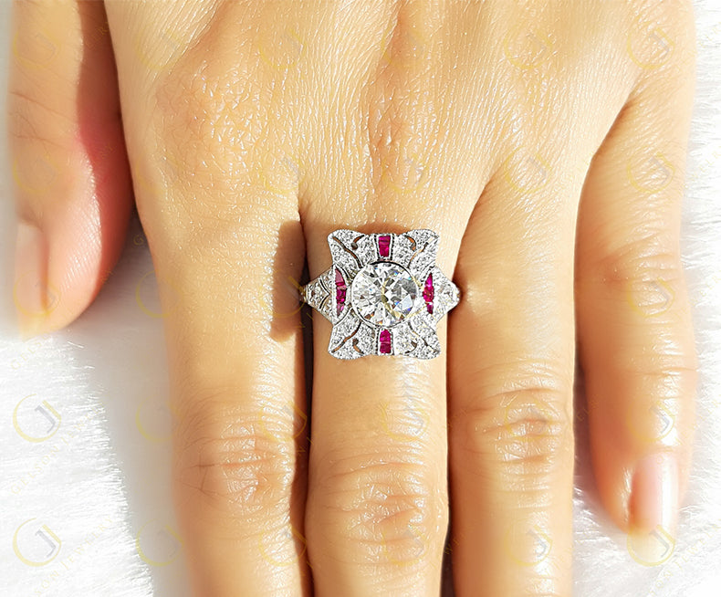 Edwardian Style Dinner Ring vintage reproduction 2.15 Ct Round Cut Near White Moissanite & Baguette Ruby ring antique vintage Style Ring