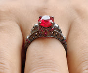 2.30 Ct Unique Gothic Skull Cushion Cut Floral Vintage Bridal Engagement Ring, Birthstone July Ruby gemstone Women ring, Sterling Silver