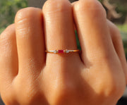 Elegant Stackable Birthstone Rings - Silver and Gold Ruby Beauty - Baguette Ruby Stacking Ring, Ideal Minimalist Ruby Ring with Three-Stone Ruby Promise