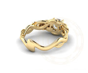 14K Solid Gold Solitaire Unique Skull Engagement Ring, Nature Inspired, Two skull Gothic ring, round cut wedding ring