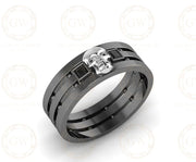 6.50 mm Wide Unique Gothic Skull Bridal Wedding Band, Anniversary Ring, Modern Design, Black Princess CZ Diamond, Promise Band Man Women