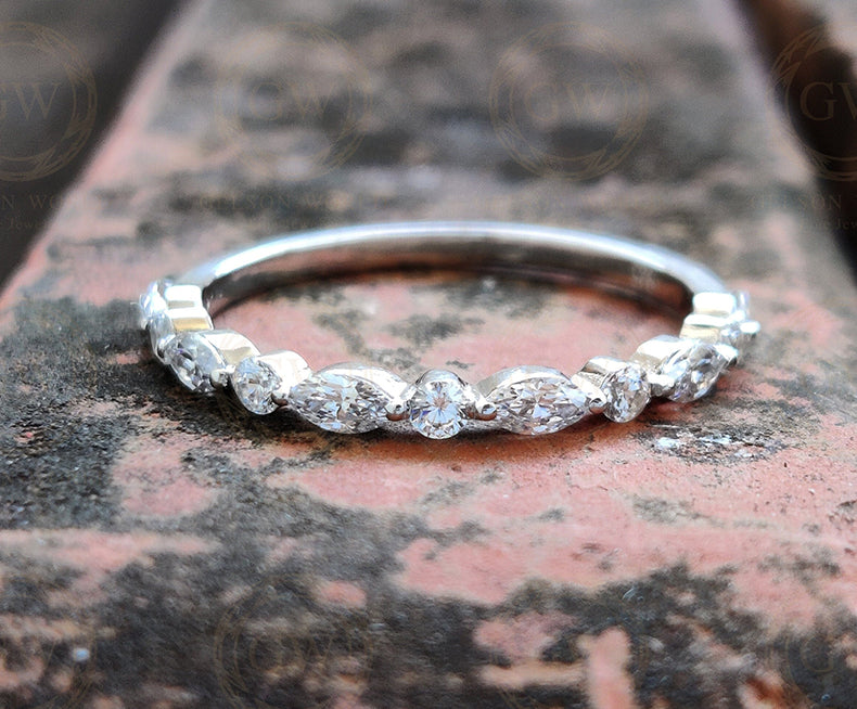 Alternating Round And Marquise Moissanite Wedding Bands Women, Floating Bubble Band, Shared Single Prong Band, Half Eternity Stacking Ring