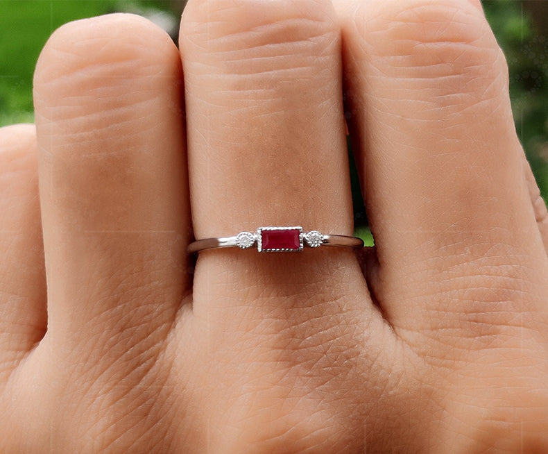 Stackable Ruby Baguette Ring - July Birthstone Minimalist Jewelry