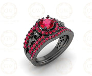 Gothic Skull Wedding Ring Sets, Two Skull Split Shank Halo Engagement Ring, Ruby CZ, Black Rhodium Plated, Matching Band, Gift For Her