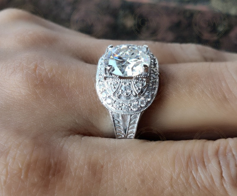 Large Cocktail Ring, Edwardian Filigree Ring, Antique Art Deco Engagement Ring, Vintage Moissanite Ring, Unique Milgrain Rings For Women