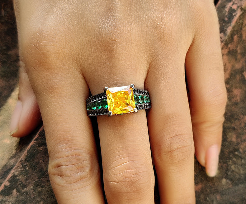 Vintage Engagement Ring, Fancy Canary Yellow Princess, Cocktail Large Stone Black Sterling Silver Ring, Wedding Ring, Rings for Women