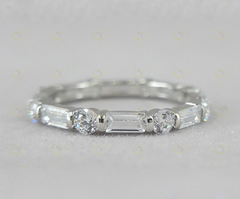 Alternating Band, Baguette And Round Full Eternity Band, Bridal Wedding Bands Women, Moissanite Stackable Ring, Anniversary Matching Band